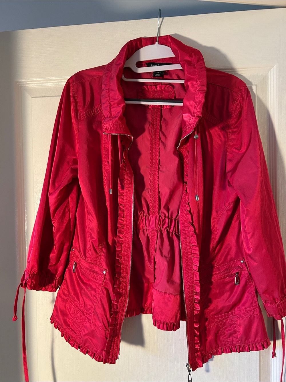 White House Black Market Hot Pink Utility Jacket with Ruffle Trim
